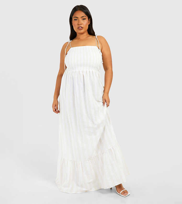 buy-boohoo-linen-look-shirred-striped-bandeau-maxi-dress-in-beige