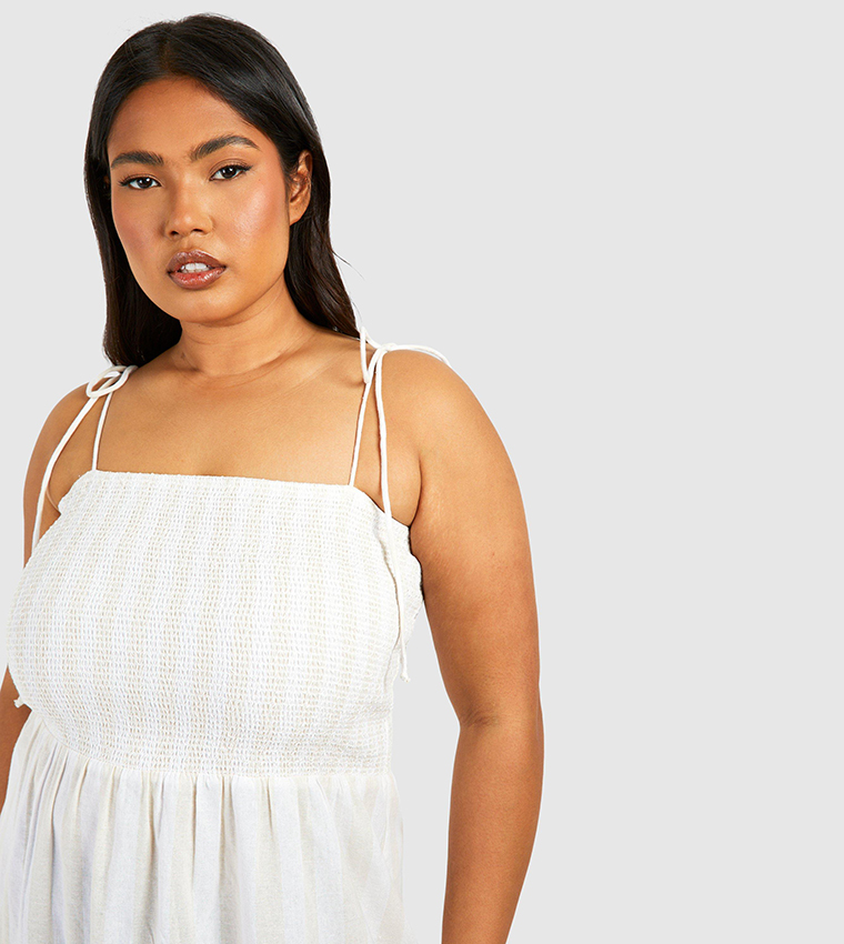 buy-boohoo-linen-look-shirred-striped-bandeau-maxi-dress-in-beige