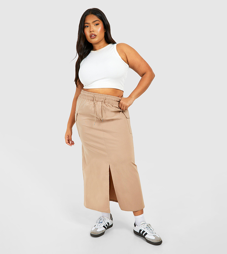 Buy Boohoo Curve Drawstring Cargo Midaxi Skirt In Beige