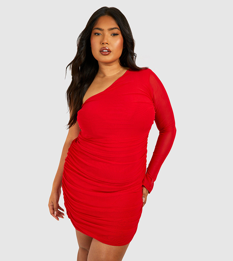 Buy Boohoo Mesh One Shoulder Ruched Bodycon Mini Dress In Red 6thStreet Bahrain