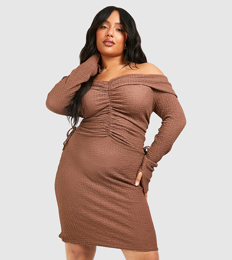 princess polly baby blue dress Buy Boohoo Textured Off Shoulder Ruched Bodycon Dress In Brown