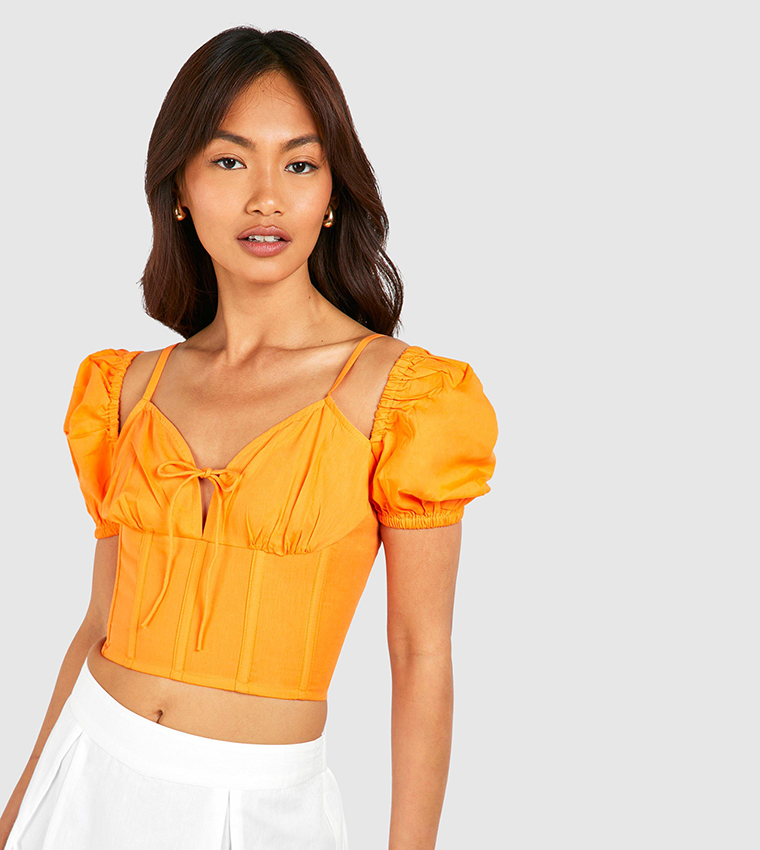 Cotton Poplin Puff Sleeves Corset Crop Top