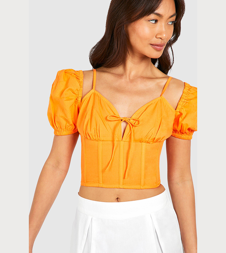 Cotton Poplin Puff Sleeves Corset Crop Top