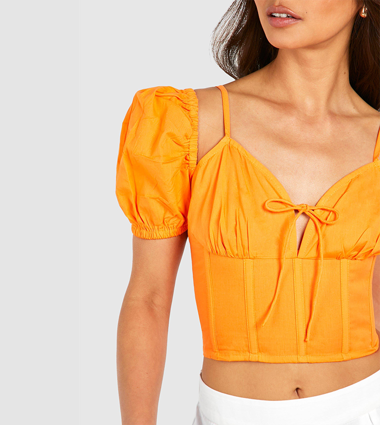 Cotton Poplin Puff Sleeves Corset Crop Top