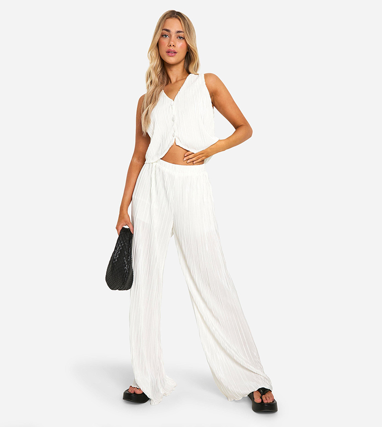 Plisse High Waist Wide Leg Trousers