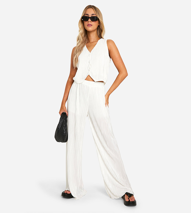 Plisse High Waist Wide Leg Trousers