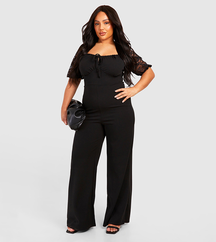 Buy Boohoo Lace Puff Sleeves Milkmaid Wide Leg Jumpsuit In Black