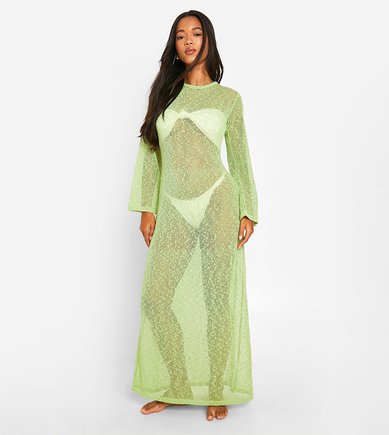 Buy Boohoo Popcorn Crochet Open Back Beach Maxi Dress In Yellow