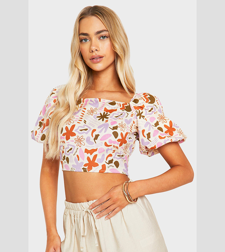 Puff Sleeves Printed Crop Top
