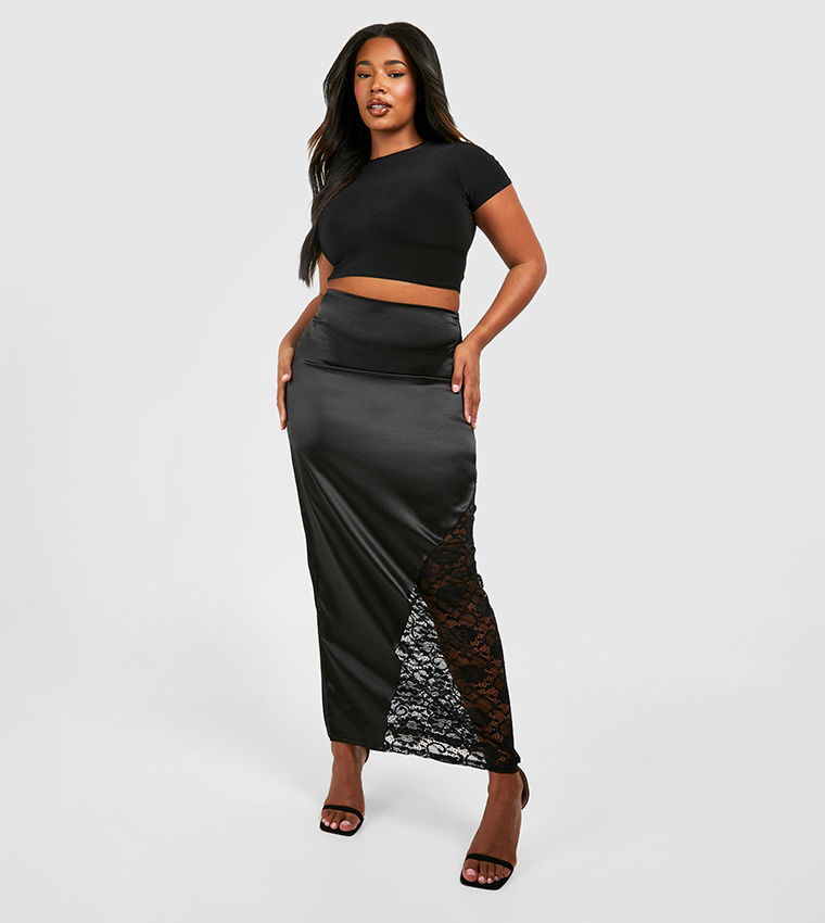 Buy Boohoo Lace Insert Satin Maxi Skirt In Black 6thStreet Bahrain