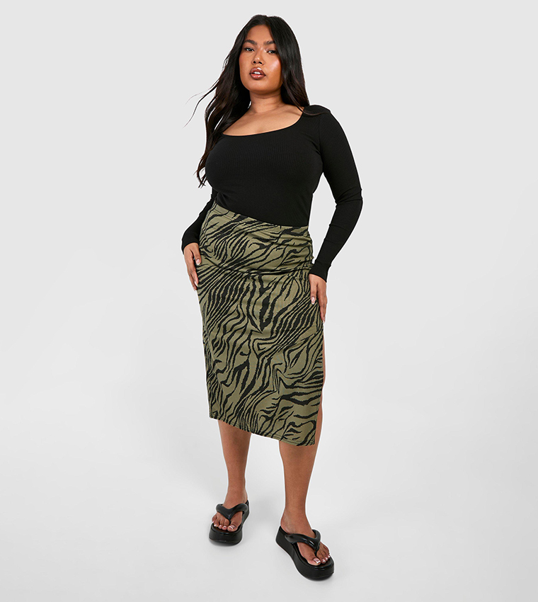 Buy Boohoo Curve Zebra Printed Rib Side Split Midi Skirt In Khaki 6thStreet Bahrain