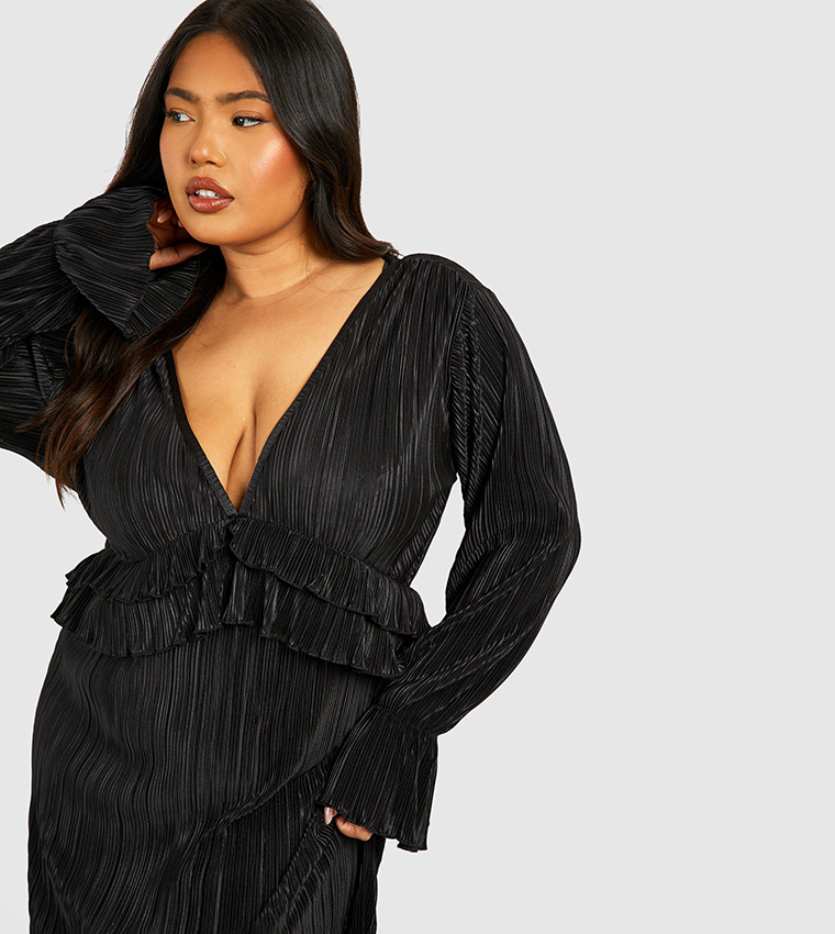 Buy Boohoo Plisse Long Sleeves Ruffle Detail Maxi Dress In Black