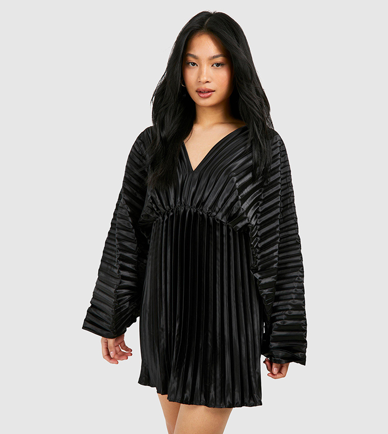 Petite Pleated Satin Batwing Mini Dress
