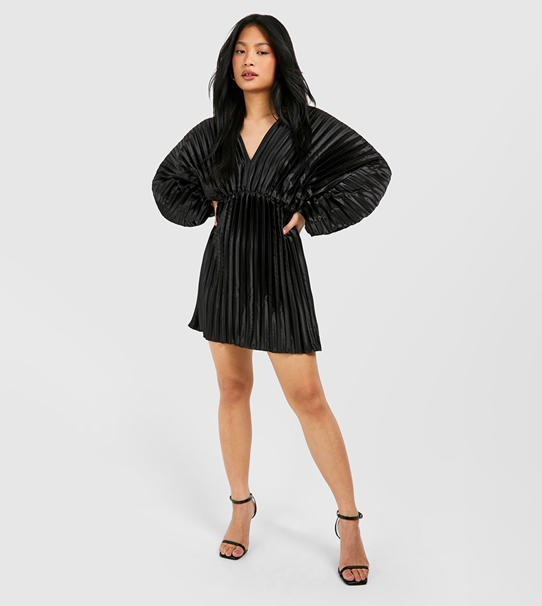 Petite Pleated Satin Batwing Mini Dress