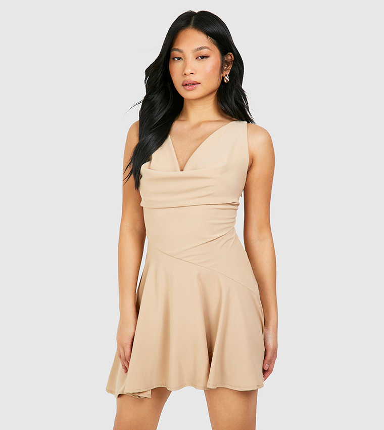 Buy Boohoo Petite Cowl Front Asymmetric Satin Skater Dress In Beige 6thStreet Kuwait