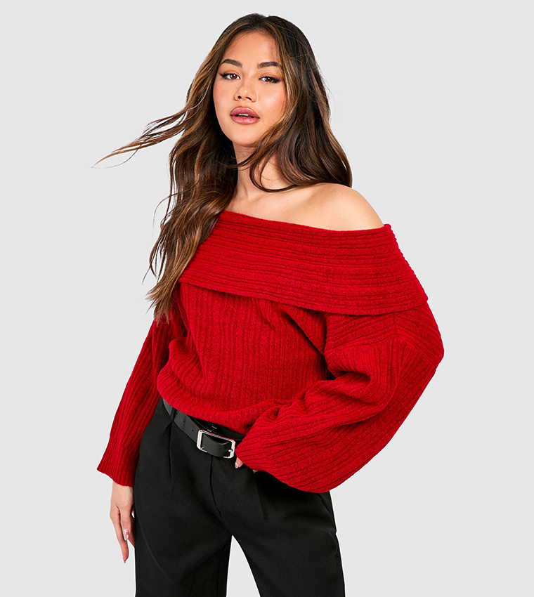 Buy Boohoo Textured Off Shoulder Sweater In Red 6thStreet UAE