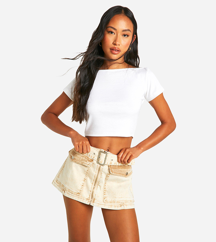 Belted Zip Through Patch Pocket Denim Micro Mini Skirt