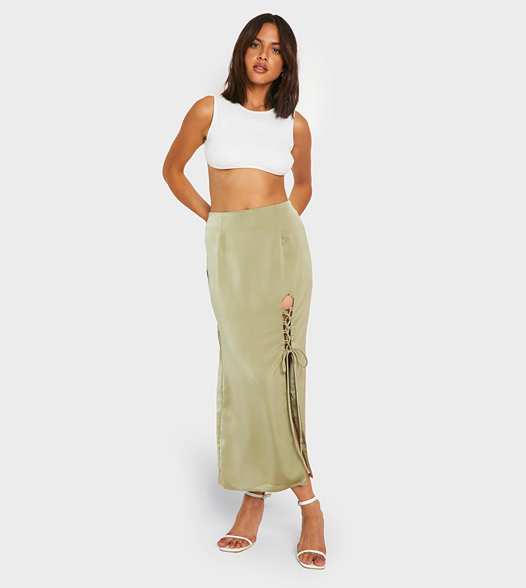 Satin Side Split Lace Up Midaxi Skirt