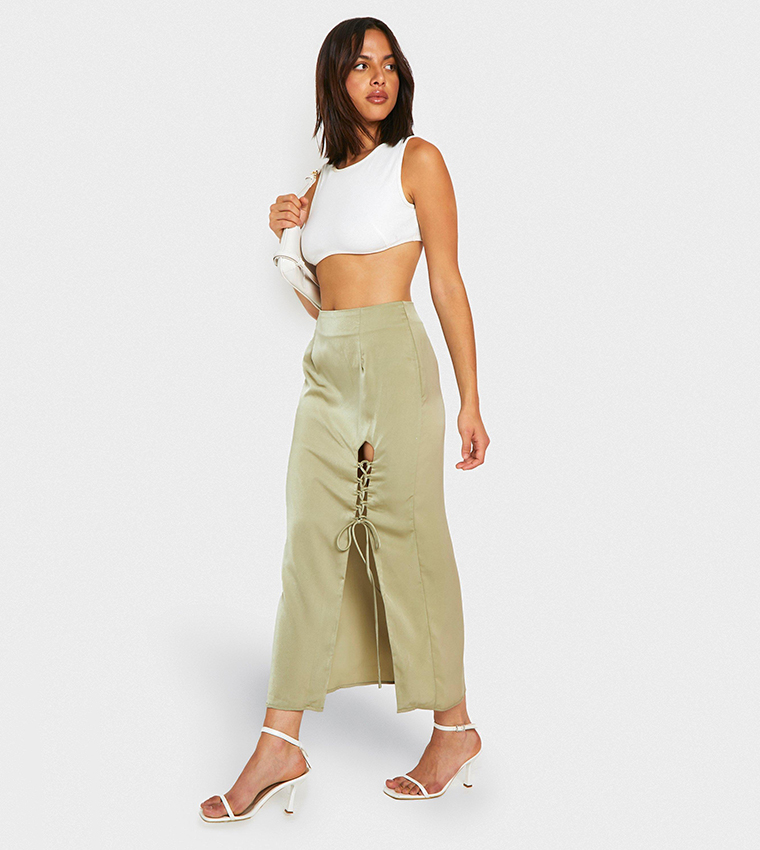 Satin Side Split Lace Up Midaxi Skirt