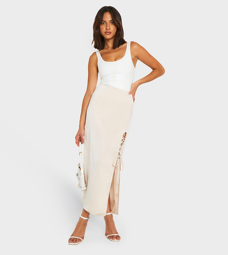 Satin Side Split Lace Up Midaxi Skirt