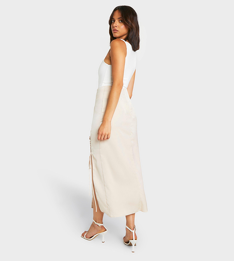 Satin Side Split Lace Up Midaxi Skirt