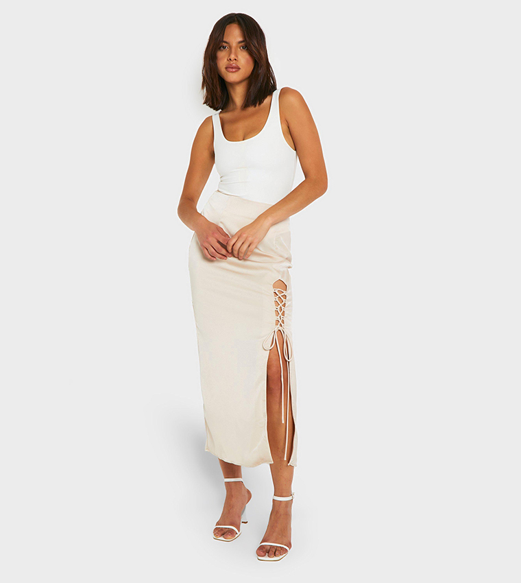Satin Side Split Lace Up Midaxi Skirt