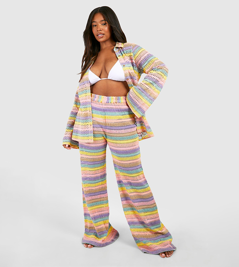Buy Boohoo Plus Rainbow Striped Crochet Beach Trousers In Multiple Colors 6thStreet Qatar