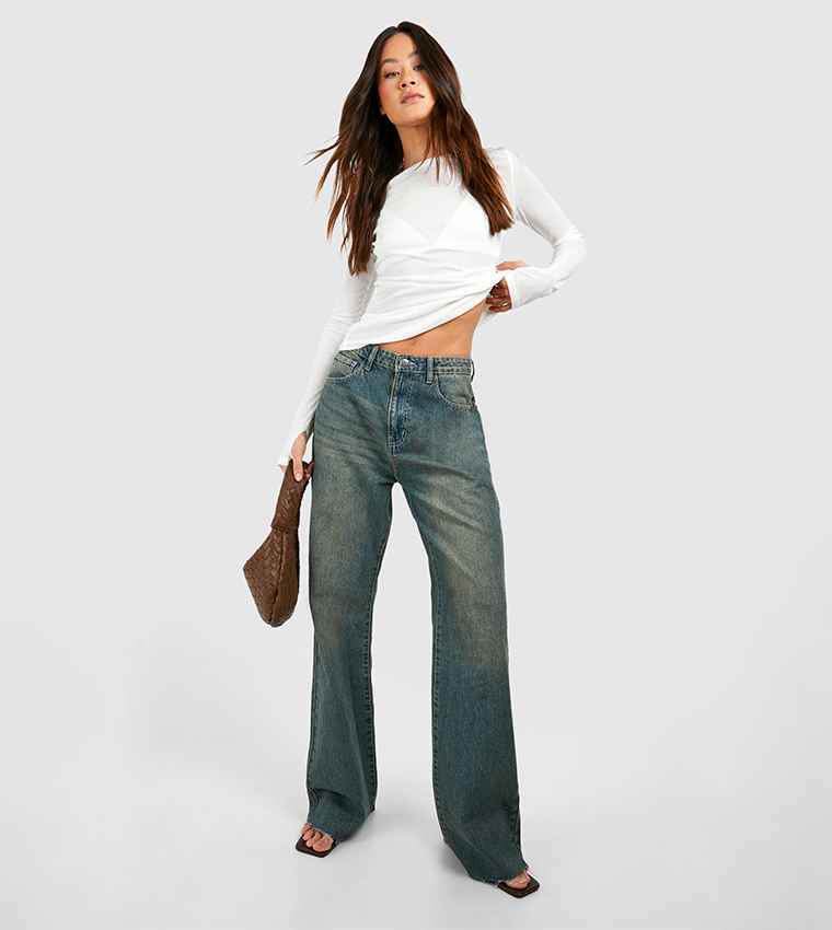 Buy Boohoo Tall Vintage Wash Raw Fray Hem Straight Fit Jeans In