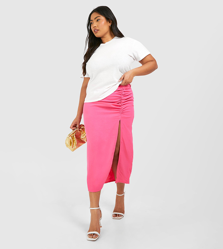 Buy Boohoo Curve Ruched Side Split Midi Skirt In Pink 6thStreet Bahrain