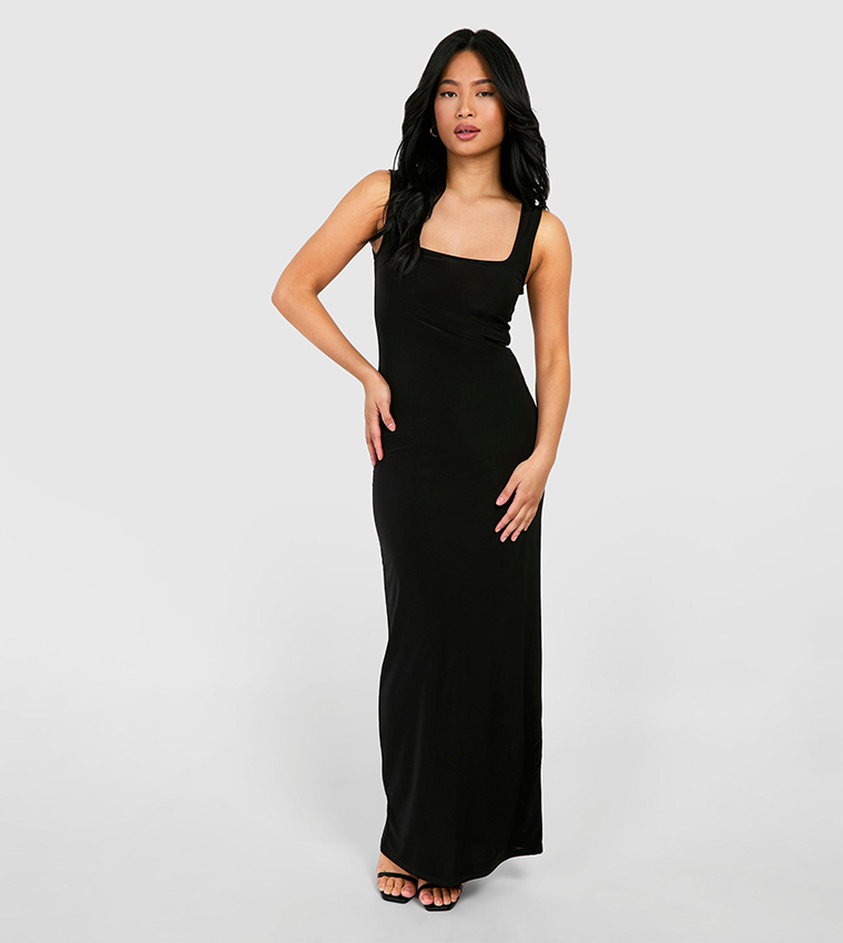 Buy Boohoo Petite Square Neck Wide Strap Slinky Maxi Dress In Black 6thStreet Bahrain