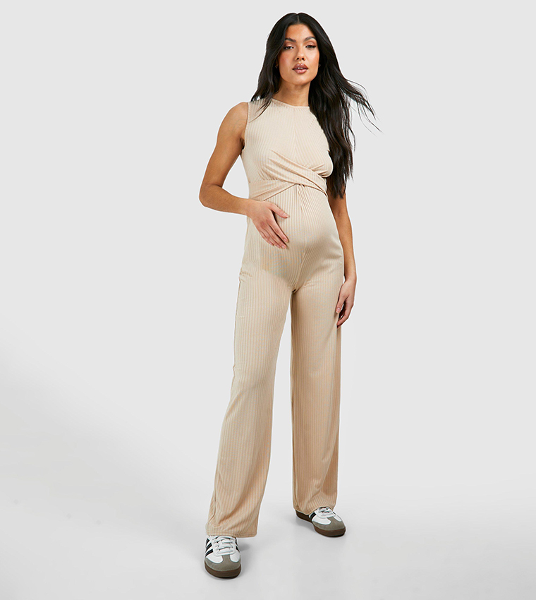 Buy Boohoo Ribbed Sleeveless Knot Detail Maternity Lounge Jumpsuit In Beige 6thStreet Bahrain