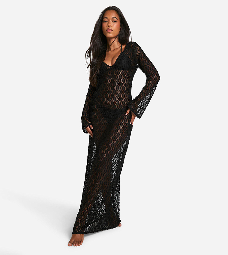 Buy Boohoo Textured Lace Beach Maxi Cover Up Dress In Black 6thStreet Bahrain