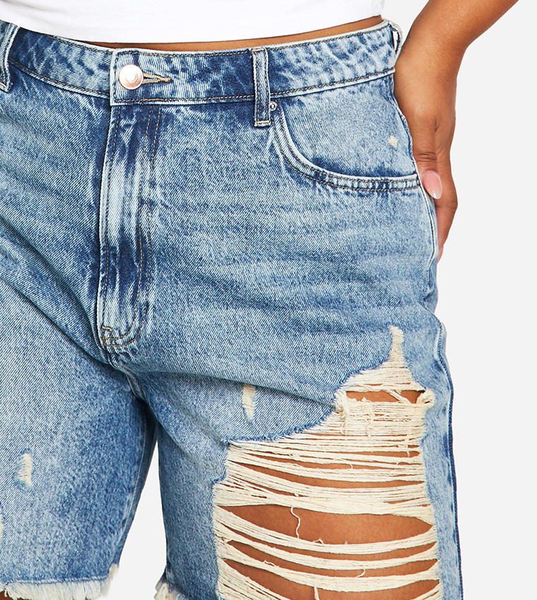 Buy Boohoo High Waist Extreme Distressed Denim Shorts In Blue 6thStreet Bahrain