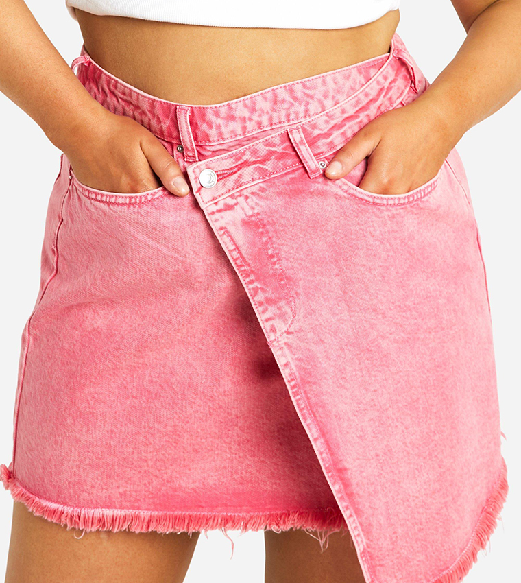 Buy Boohoo Curve Acid Wash Wrap Denim Mini Skirt In Pink 6thStreet Bahrain