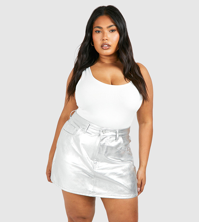 Buy Boohoo Curve Metallic Denim Mini Skirt In Silver 6thStreet Qatar