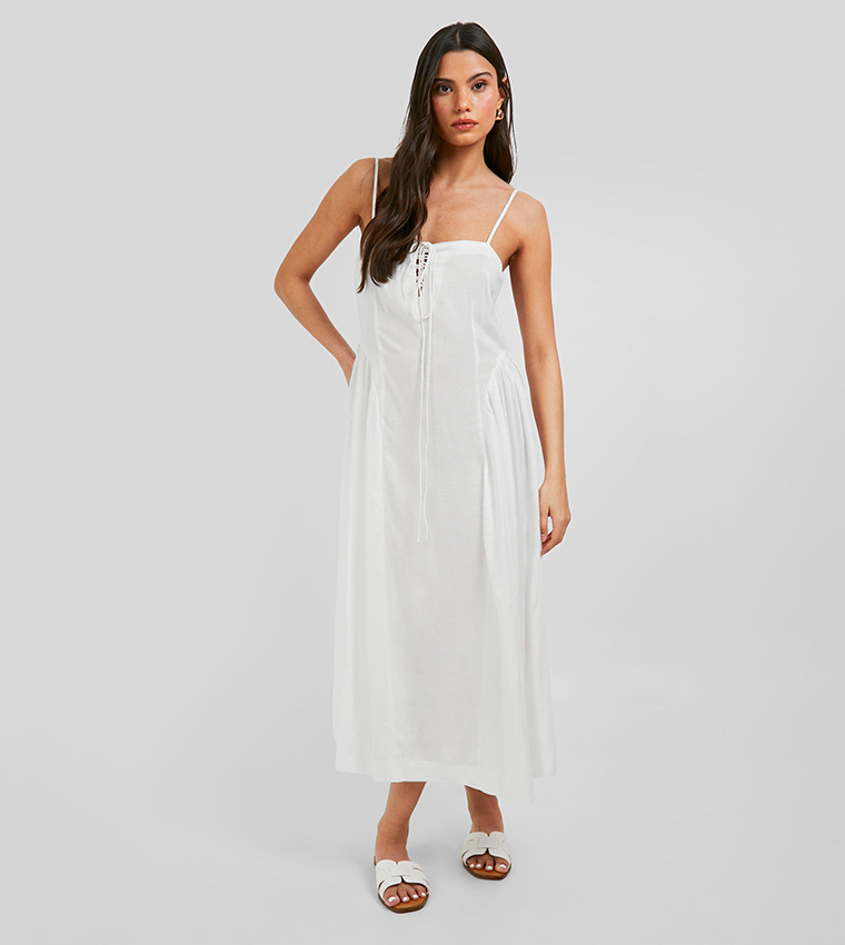Linen Tie Front Milkmaid Midaxi Dress