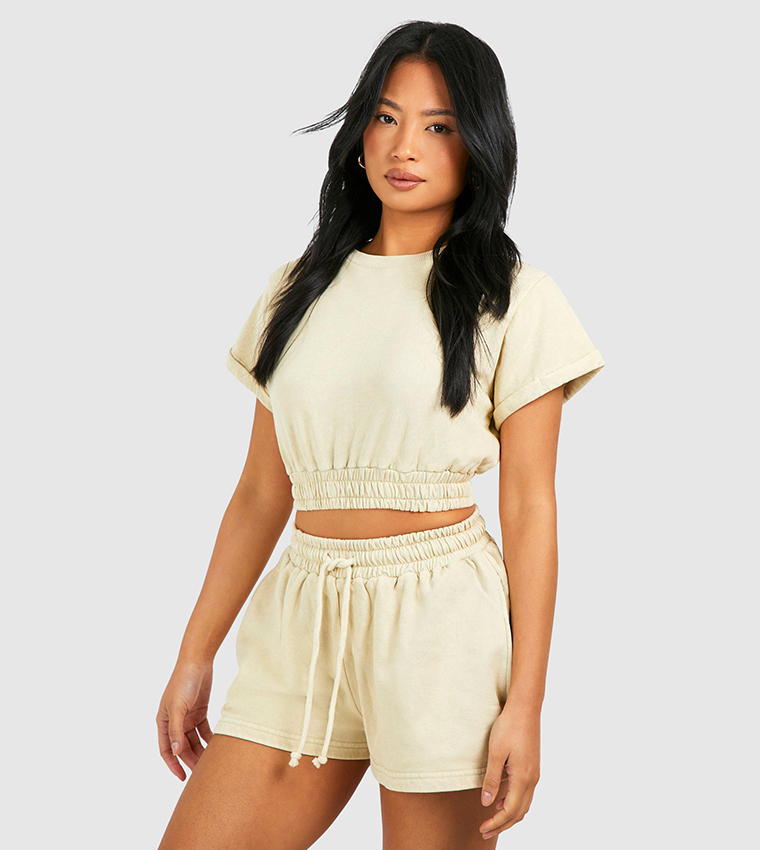 Buy Boohoo Petite Washed Cropped Short Tracksuit Set In Beige