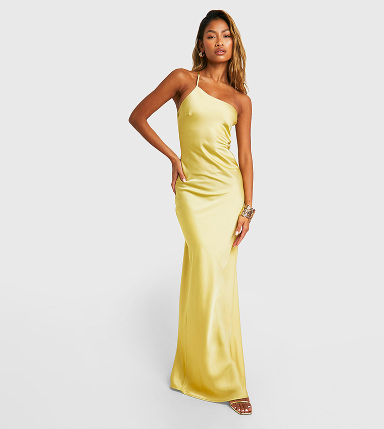 Buy Boohoo Satin Asymmetric Strap Maxi Dress In Yellow 6thStreet Bahrain