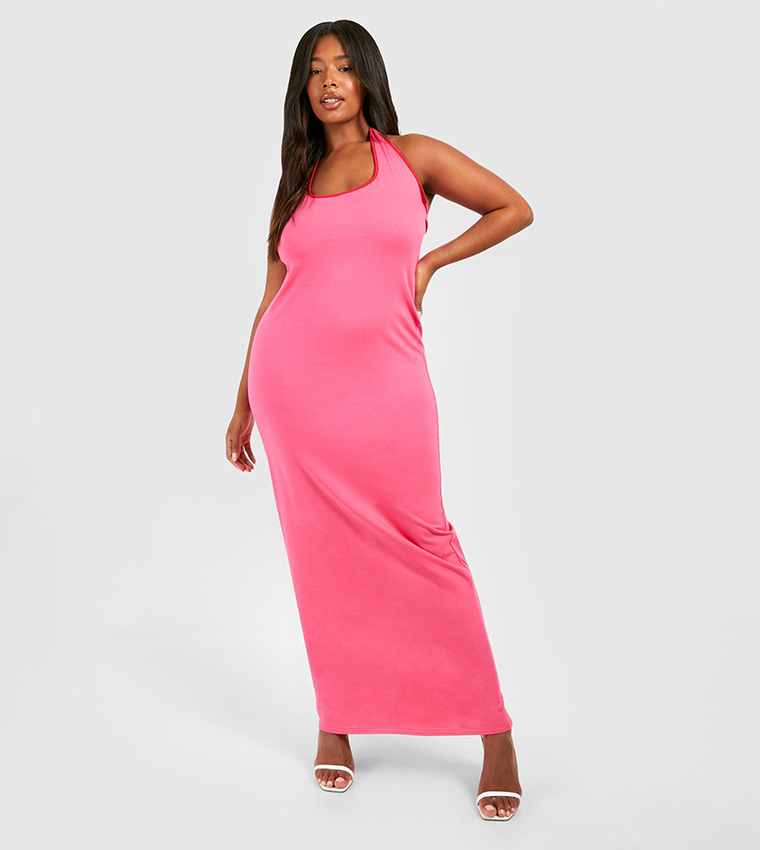 Buy Boohoo Curve Cotton Elastance Halterneck Contrast Maxi Dress