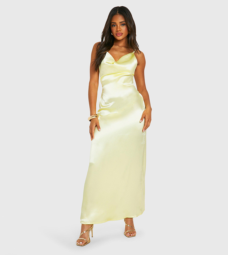 boohoo yellow satin dress Yellow Liquorish Satin Midi Dress With Spaghetti Straps
