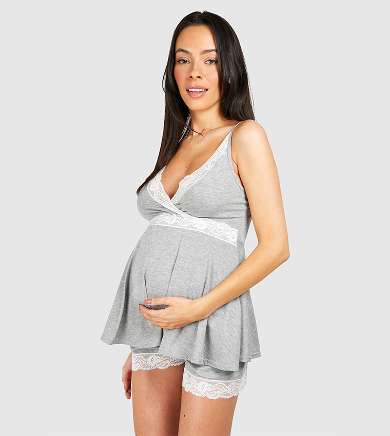 Buy Boohoo Lace Trim Cami And Shorty Maternity Pajama Set In Grey 6thStreet Bahrain