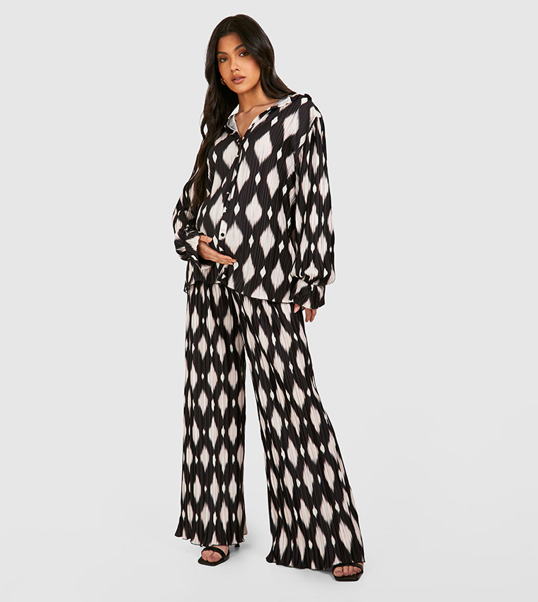 Maternity Printed Plisse Oversized Shirt and Trousers Co-Ord Set