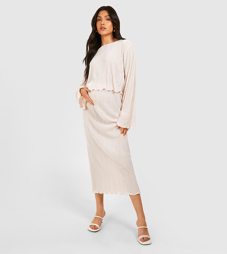 Maternity Plisse Flared Sleeves Top and Midaxi Skirt Co-Ord Set