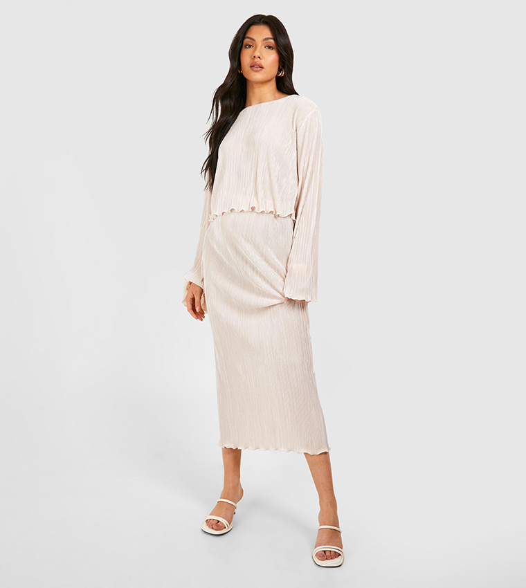 Maternity Plisse Flared Sleeves Top and Midaxi Skirt Co-Ord Set