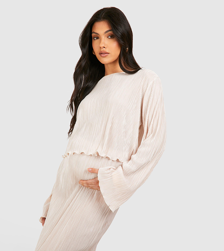 Maternity Plisse Flared Sleeves Top and Midaxi Skirt Co-Ord Set