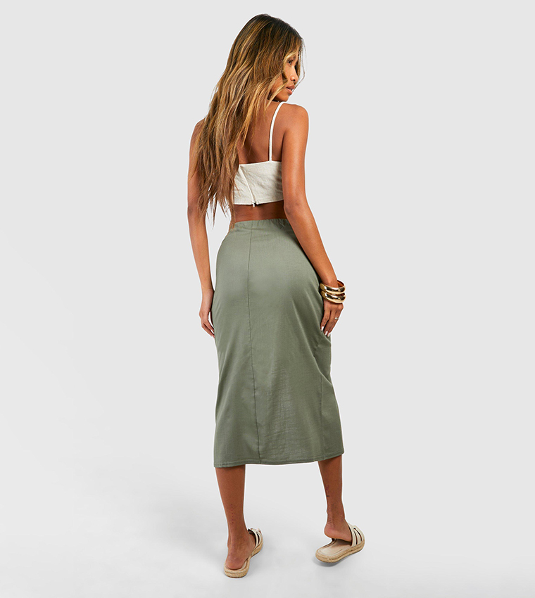 Buy Boohoo Linen Frill Midi Skirt In Khaki 6thStreet Oman