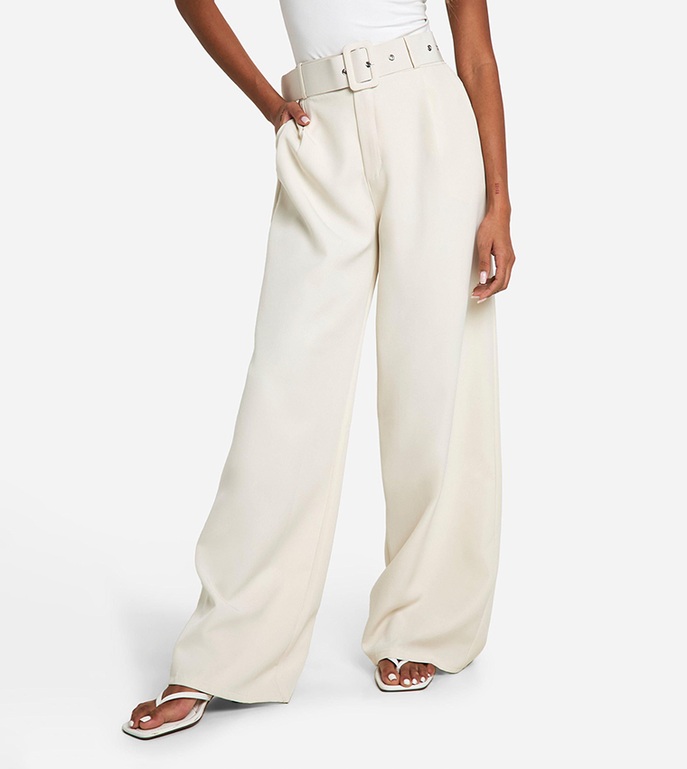 Boohoo White Belted Wide Leg Trousers Buy Boohoo Self Fabric