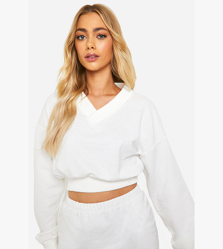 Buy Boohoo V Neck Crop Sweatshirt And Skirt Set In White
