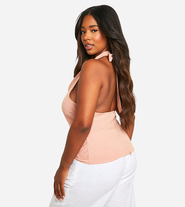 Plus Linen Tie Halterneck Top