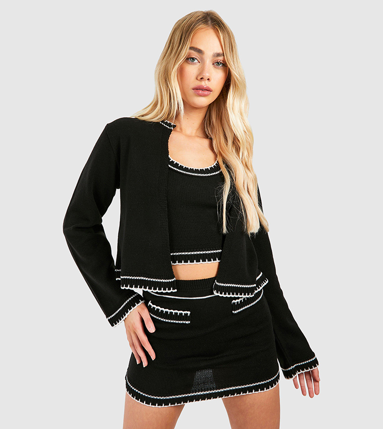 3 Piece Knitted Cardigan, Crop Top and Mini Skirt Set